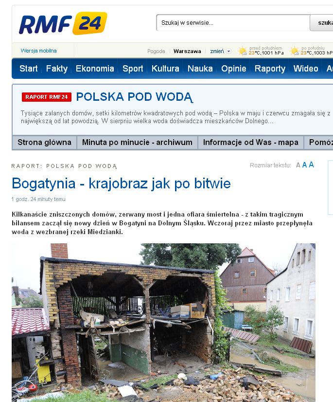 Bogatynia – woda opadła RMF24 przekazał informację: Kilkanaście zniszczonych domów, zerwany most i jedna ofiara śmiertelna – z takim tragicznym bilansem zaczął się nowy dzień w Bogatyni na Dolnym Śląsku. Wczoraj przez miasto przepłynęła...