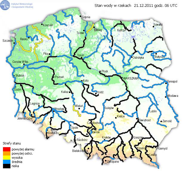 Ocena aktualnej i prognozowanej sytuacji hydrologicznej Dorzecze Wisły Stan wody (21.12.2011) w dorzeczu Wisły układa się w strefie wody niskiej i średniej. Stan niski obserwowano na Wiśle, na większości dopływów górnej...